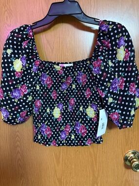 Betsey Johnson Black Floral Polka Dot Smocked Crop Top